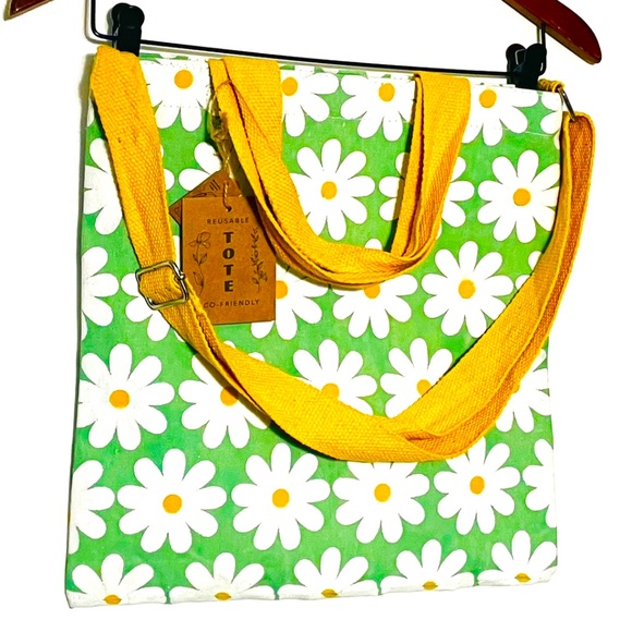 Painted Canvas Daisies Tote Shopper Crossbody Bag - Picture 1 of 11